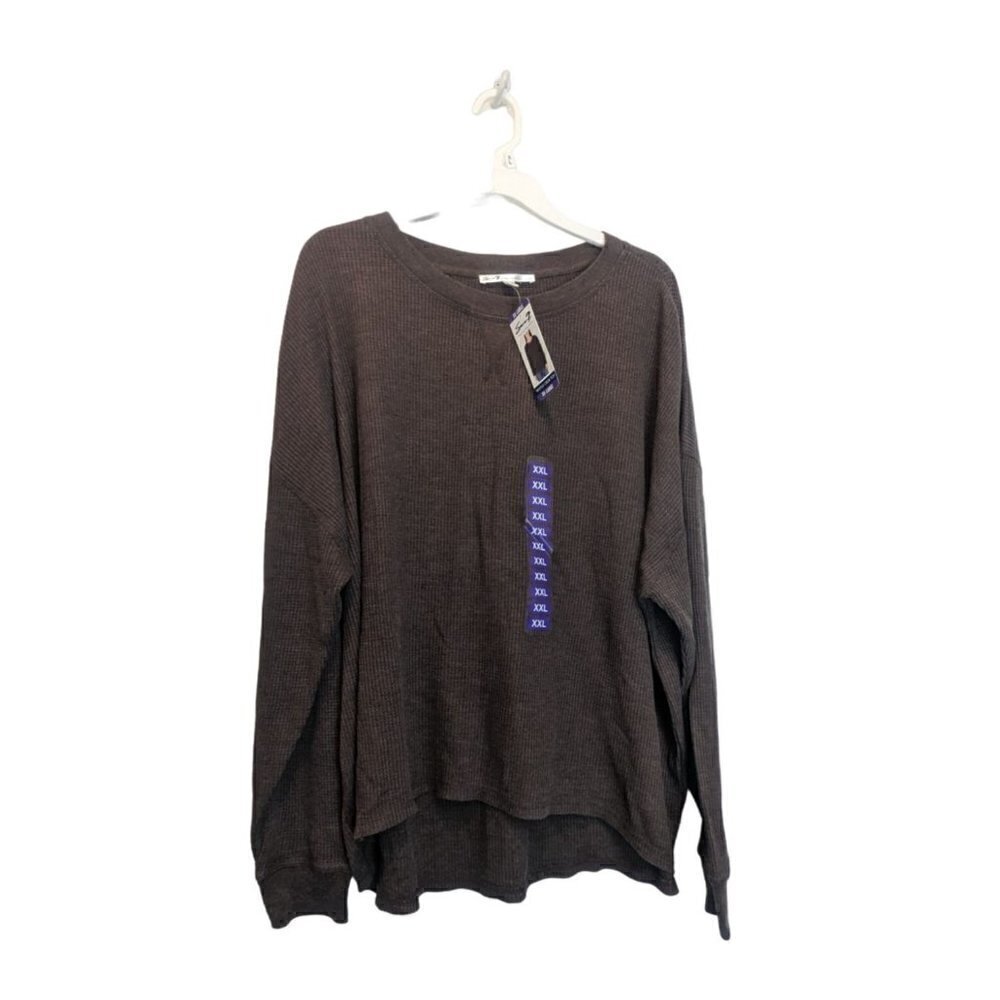 Seven7 Waffle Crew Top Long Sleeve Chocolate Brown Women's XXL
